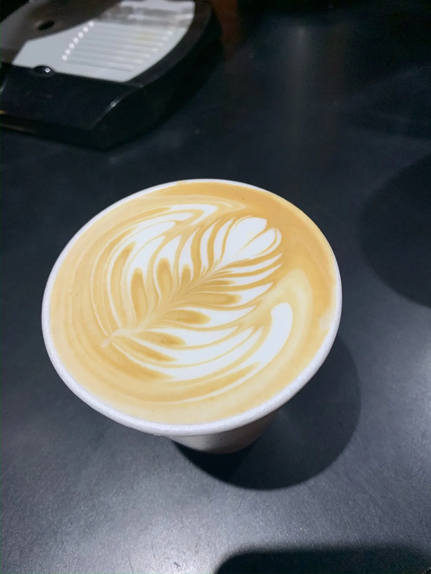 A latte with a leaf poured in the foam