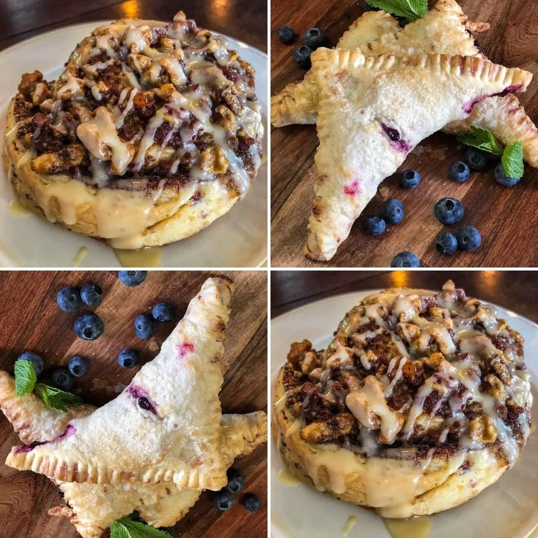 A glazed cinnamon roll and blueberry turnovers
